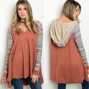 Hem & Thread Burnt Orange Aztec Print Hooded Sweatshirt, Size S/M